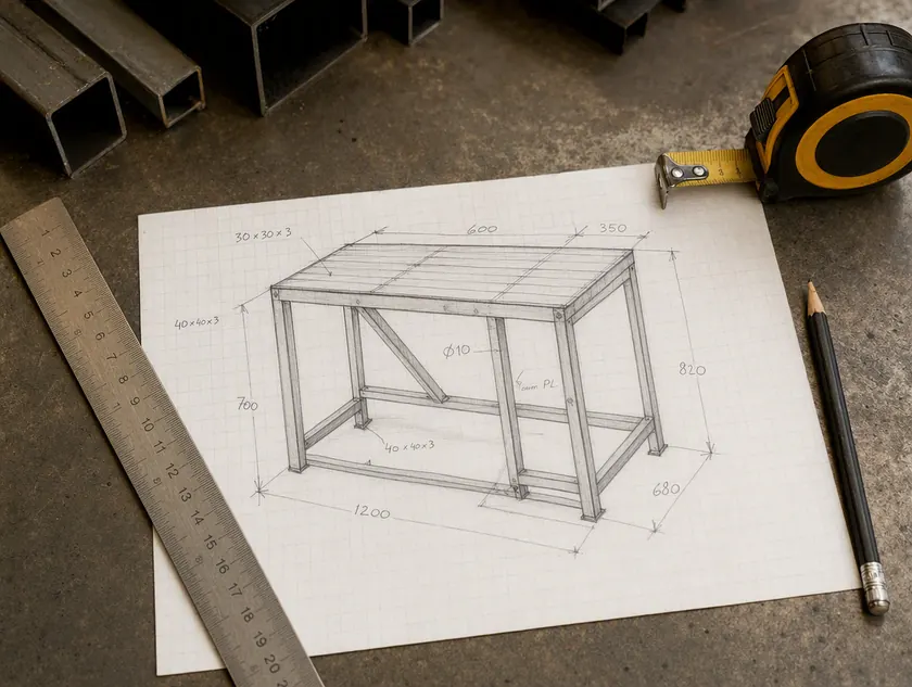 Boceto técnico de una estructura metálica a medida